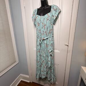 Romantic Dress Womens XXL Light Blue Floral Tie Waist Flutter Sleeve NWT Spring